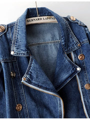 GirlSavvi Zip Denim Jacket featuring buttoned and zippered details with a raw hem.