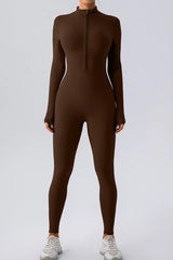 Half Zip Mock Neck Active Jumpsuit in brown, featuring a front half-zip closure and long sleeves for a sleek activewear look.