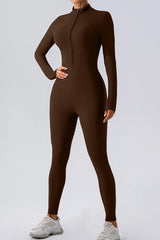 Half Zip Mock Neck Active Jumpsuit in brown, designed for fitness with a sleek mock neck and front half-zip closure.