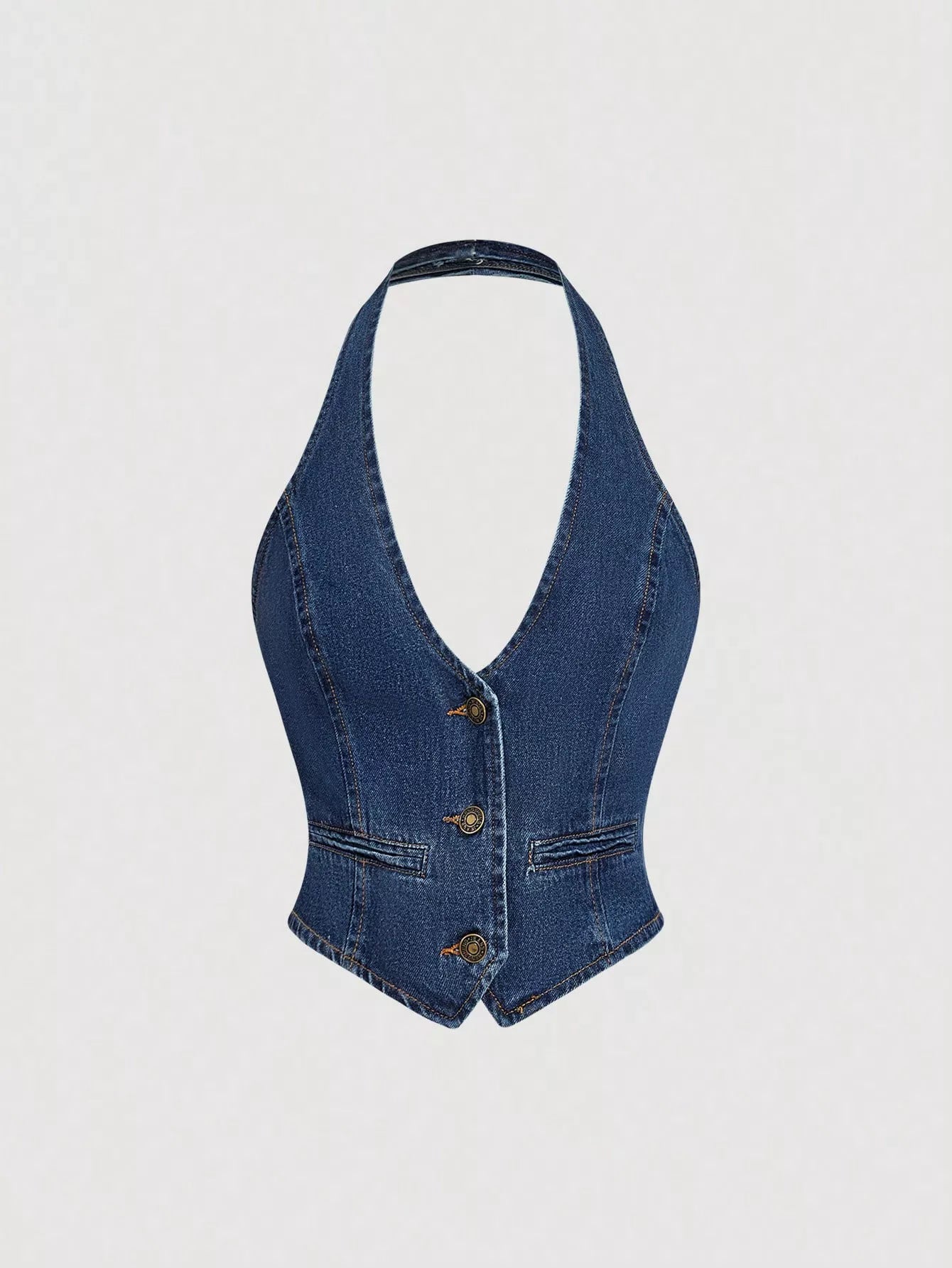 Halter Neck Denim Vest and Wide-Leg Jeans Set featuring a stylish halter neck design and buttoned details.