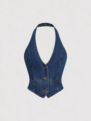 Halter Neck Denim Vest and Wide-Leg Jeans Set featuring a stylish halter neck design and buttoned details.