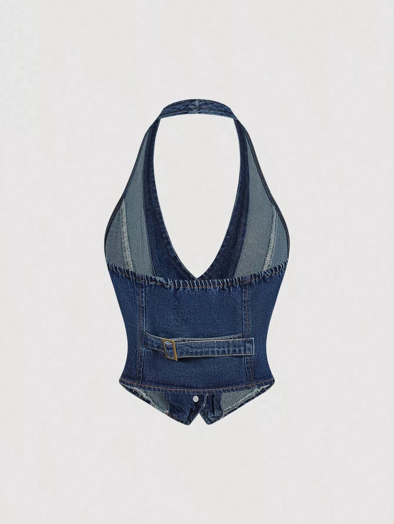 Halter Neck Denim Vest and Wide-Leg Jeans Set featuring a stylish denim vest with pockets.