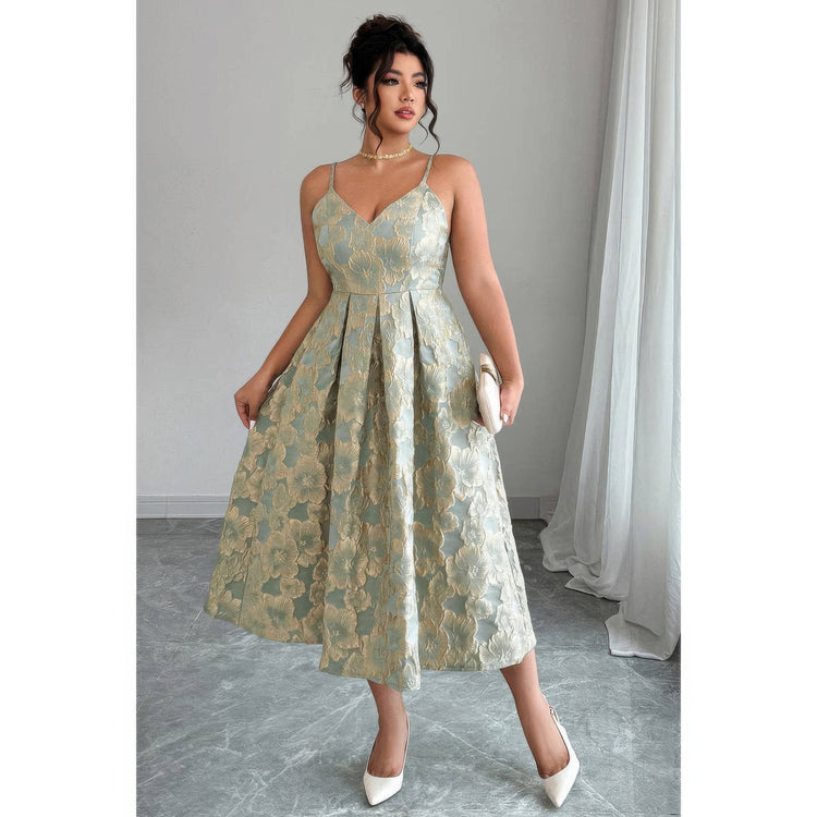 Jacquard Elegant Spaghetti Strap Dress featuring a floral pattern and flattering silhouette, perfect for sophisticated occasions.