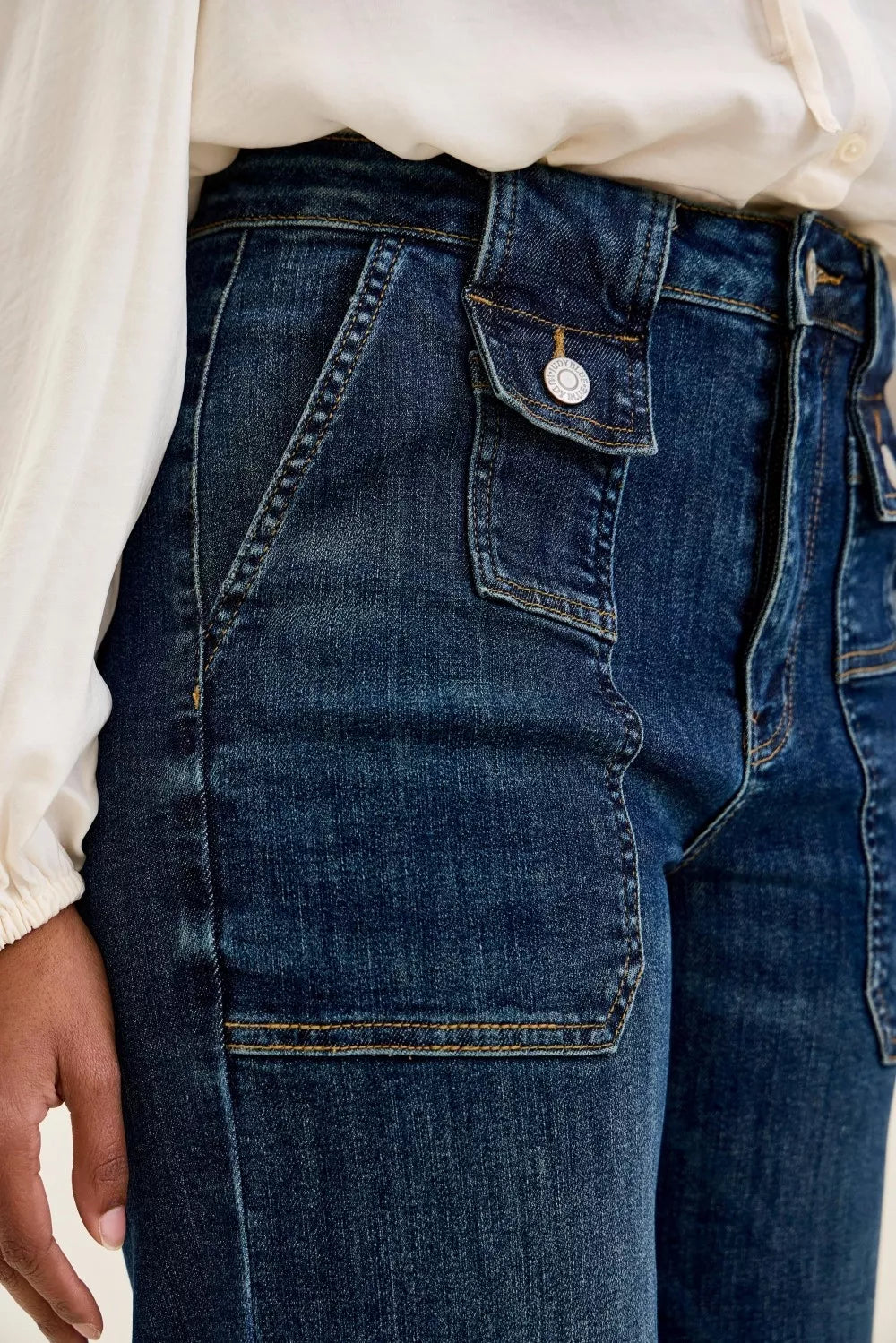Detail of Judy Blue High Waist Wide Crop Utility Jeans with patch pockets.