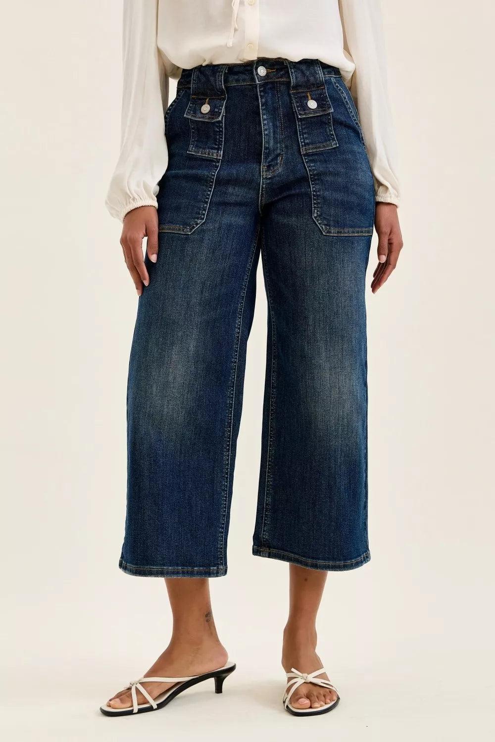 Judy Blue High Waist Wide Crop Utility Jeans with patch pockets and a versatile style, perfect for a trendy casual look.