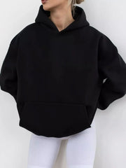 Stylish black kangaroo pocket hoodie with long sleeves, featuring a comfortable fit and stretchy fabric for easy movement.
