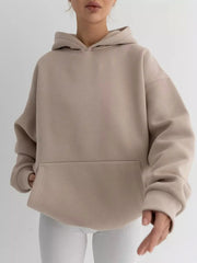 Beige Kangaroo Pocket Hoodie with Long Sleeves, Featuring Soft Polyester-Spandex Blend and Chic Design for Everyday Comfort and Style