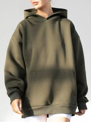 Person wearing a kangaroo pocket long sleeve hoodie with a chic finish and practical design in a soft polyester-spandex blend.