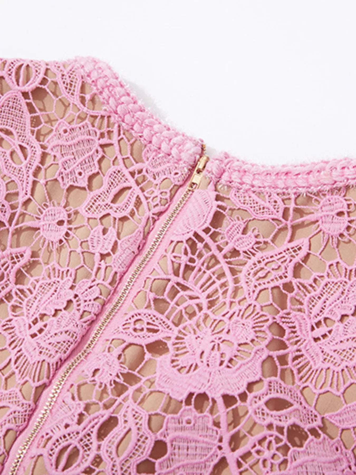 Lace Button-Up Midi Dress | Savvi close-up of intricate pink lace detailing and gold zipper.