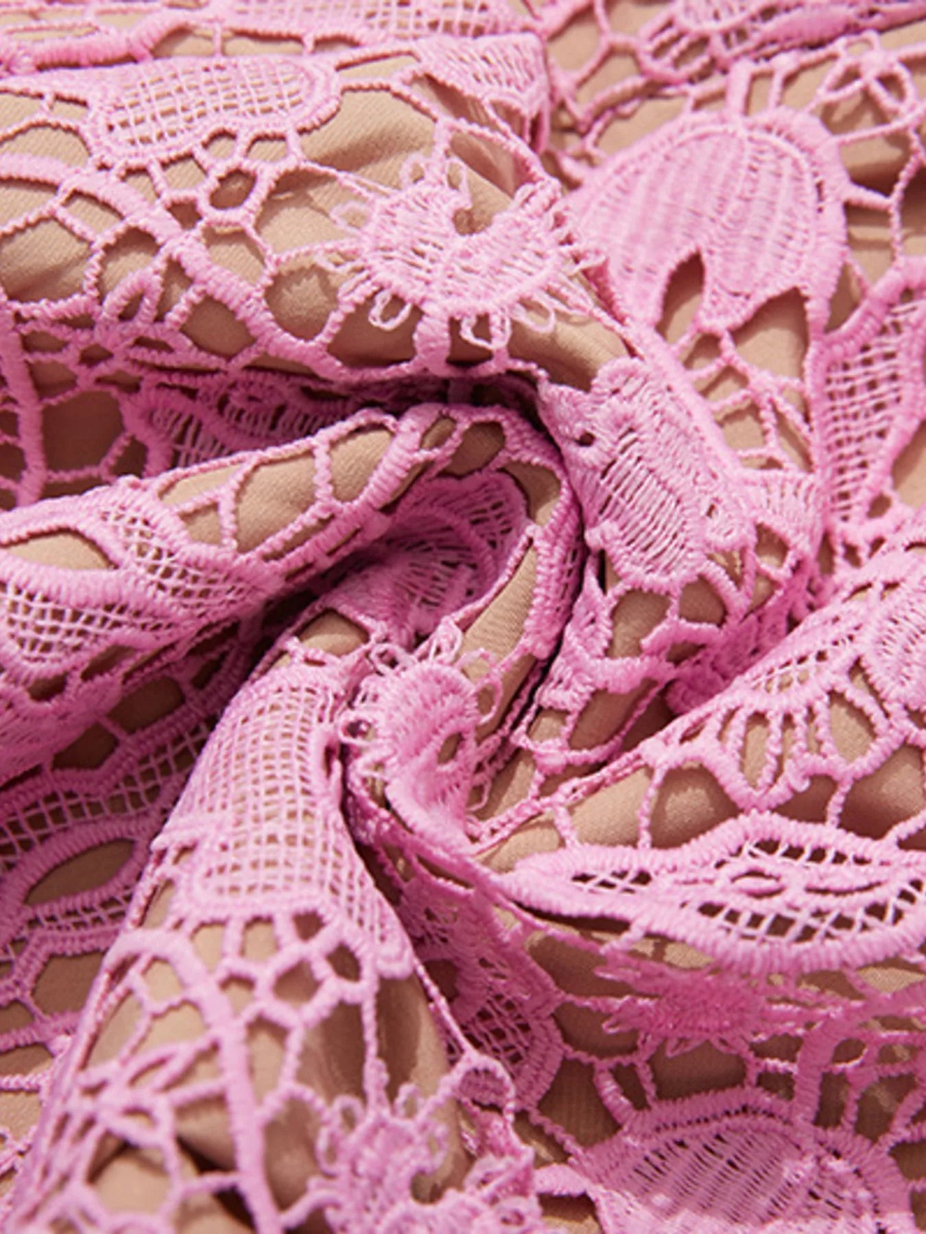 Lace Button-Up Midi Dress | Savvi lace fabric detail showing delicate pink floral lace texture.