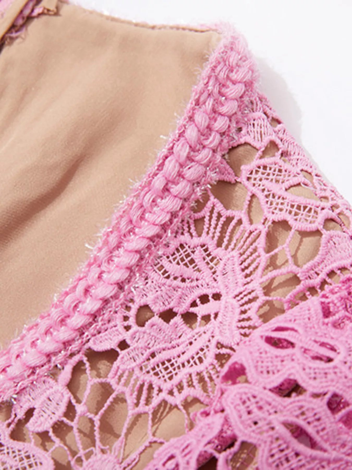 Lace Button-Up Midi Dress | Savvi close-up of pink floral lace detailing and texture.