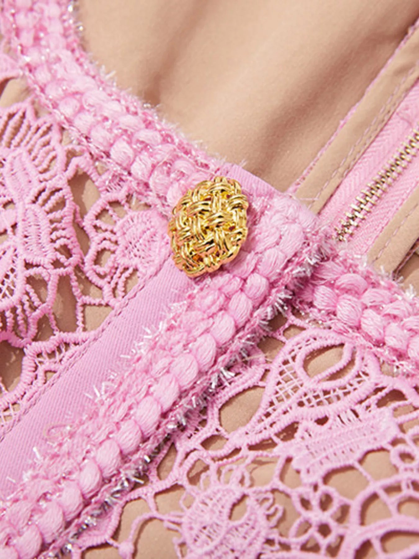 Detailed view of the gold-tone button and floral lace on the Lace Button-Up Midi Dress | Savvi.
