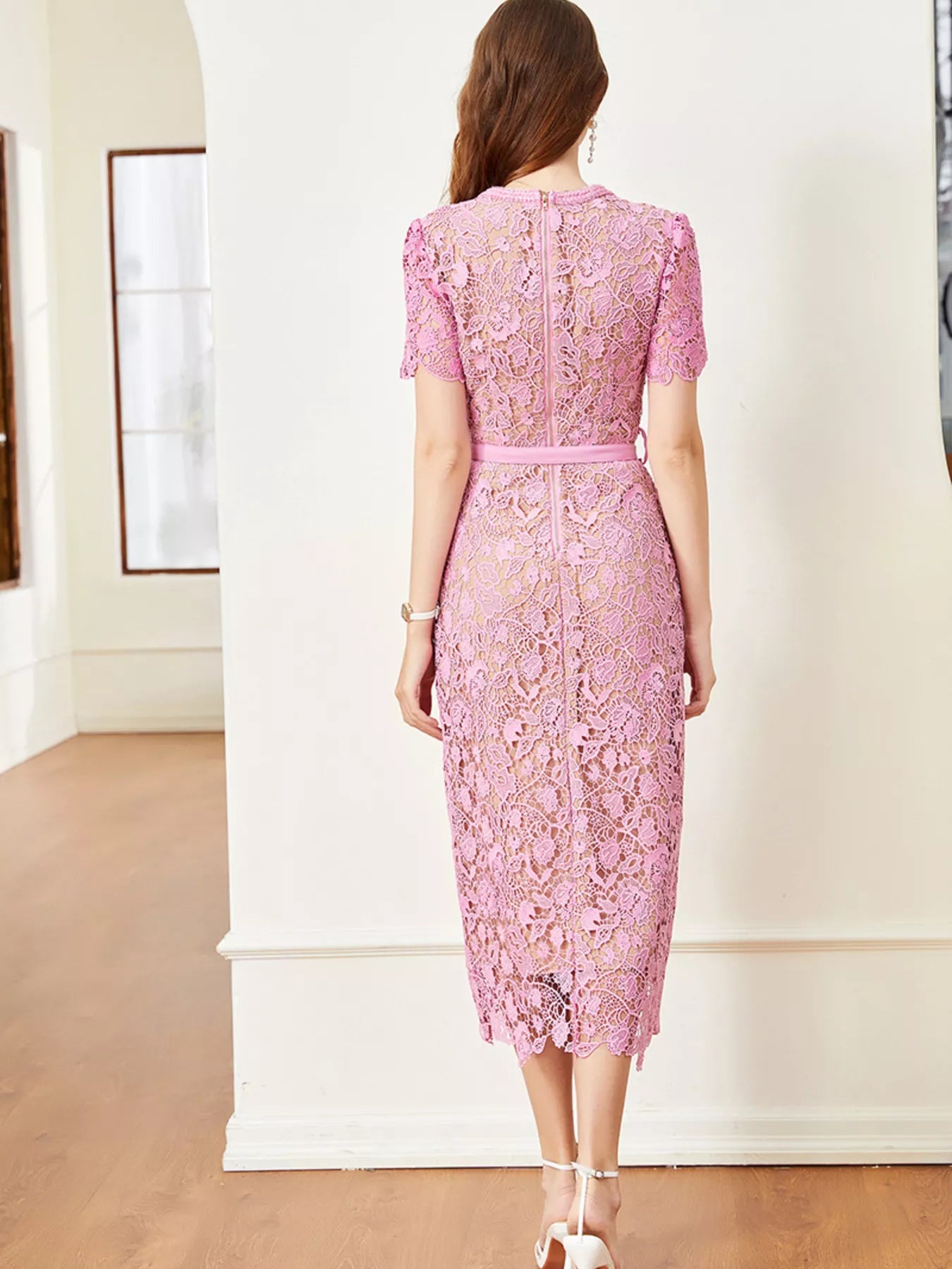 Back view of the Lace Button-Up Midi Dress | Savvi showcasing delicate pink lace design and elegant silhouette.