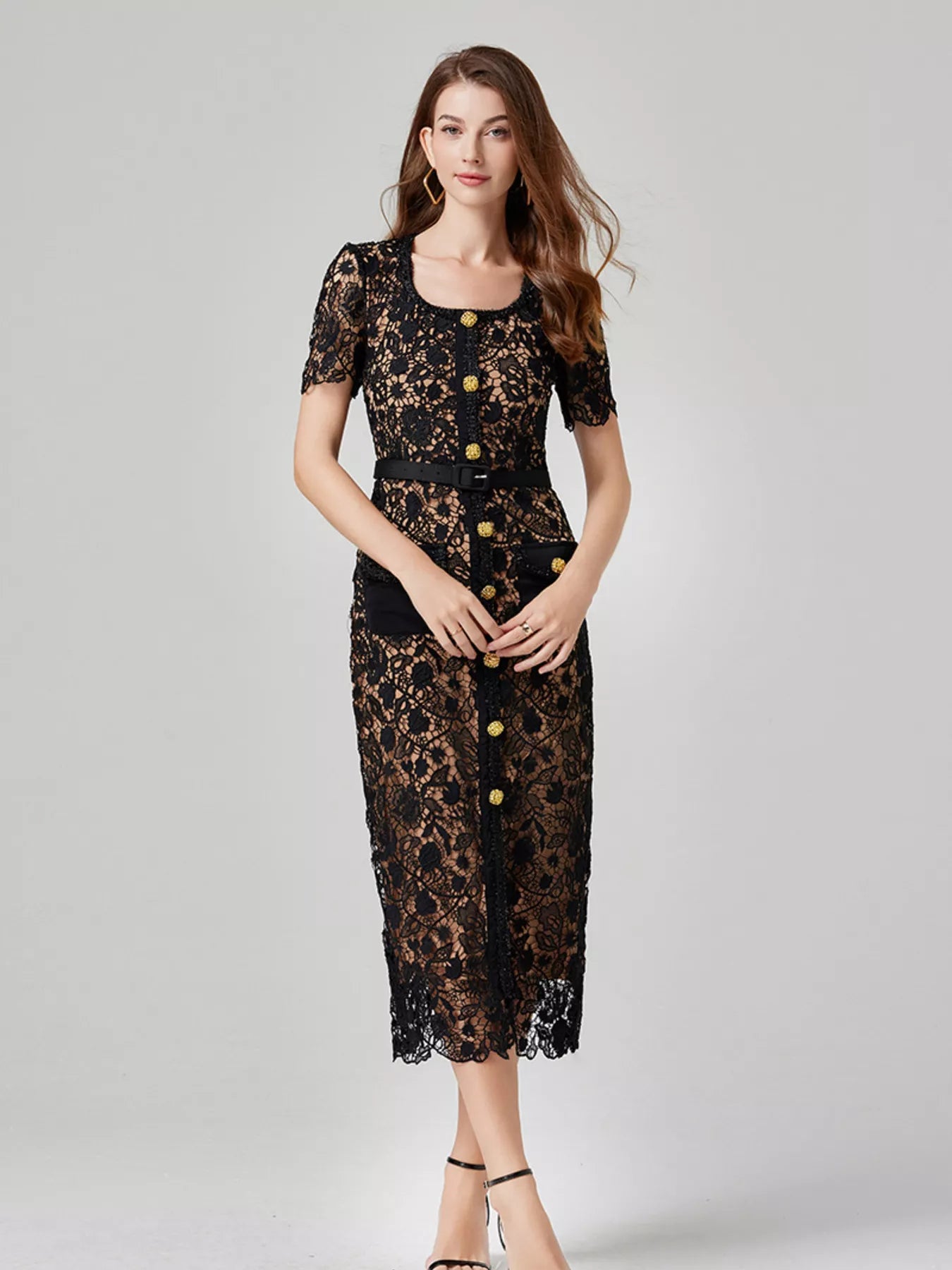 Lace Button-Up Midi Dress | Savvi featuring delicate floral lace and gold-tone button details.