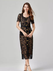 Lace Button-Up Midi Dress | Savvi featuring delicate floral lace and gold-tone button details.