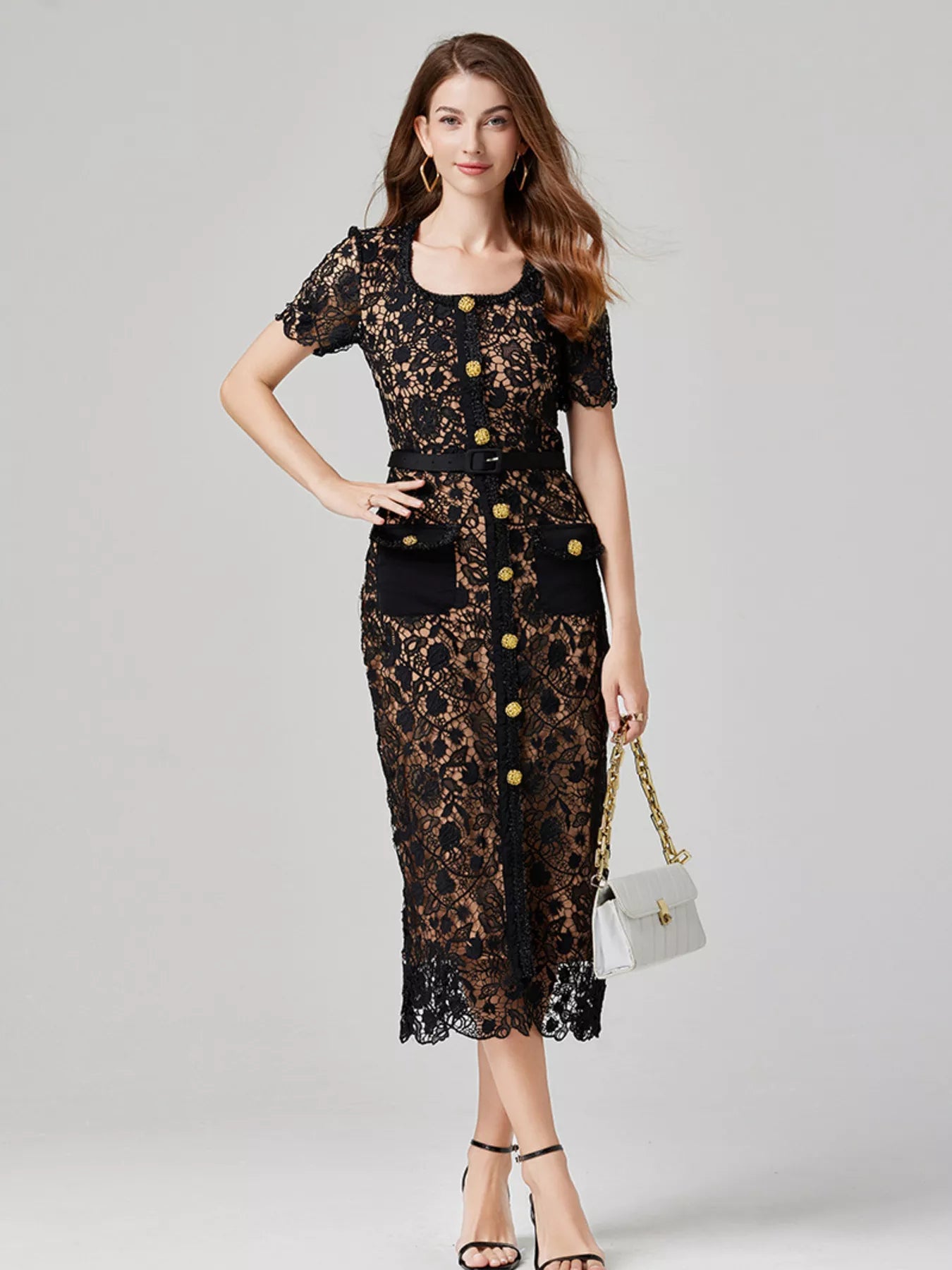 Lace Button-Up Midi Dress | Savvi worn by a model, showcasing floral lace, gold-tone buttons, and a belted waist with pockets.