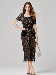 Lace Button-Up Midi Dress | Savvi worn by a model, showcasing floral lace, gold-tone buttons, and a belted waist with pockets.
