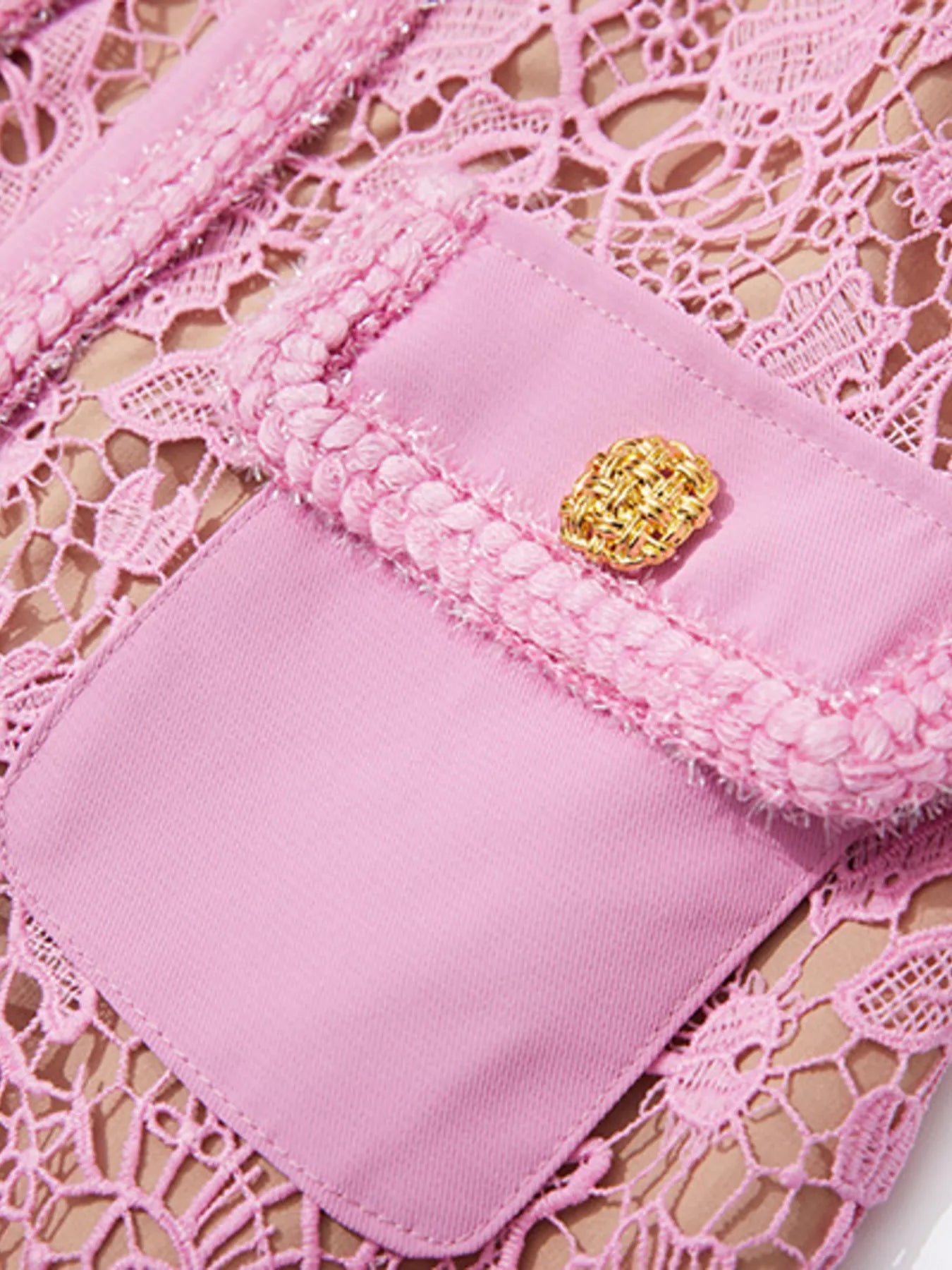 Close-up of the Lace Button-Up Midi Dress | Savvi, featuring delicate floral lace and elegant gold-tone button detail.