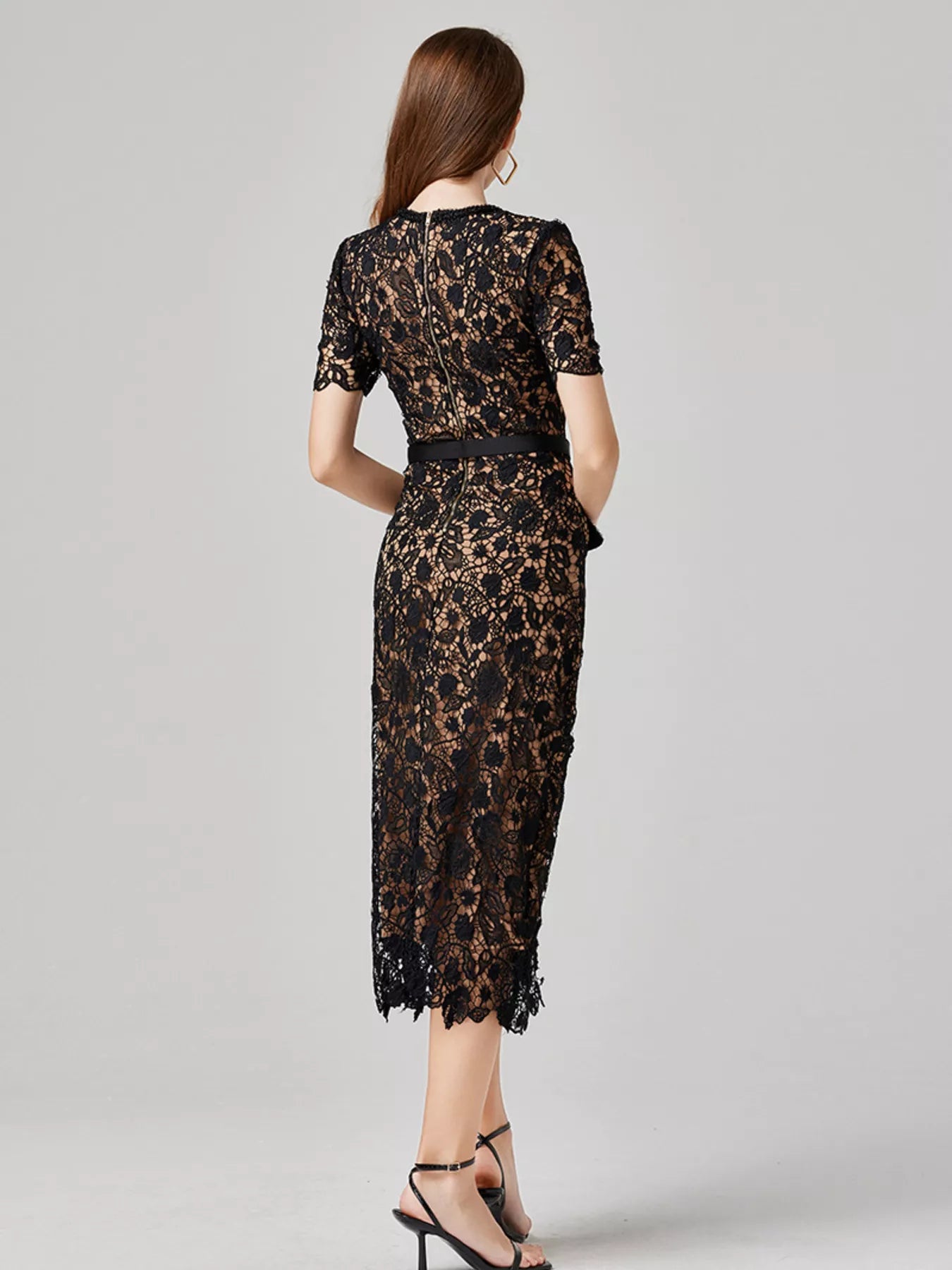 Lace Button-Up Midi Dress | Savvi featuring a stunning lace design, belted waist, and elegant silhouette from the back.