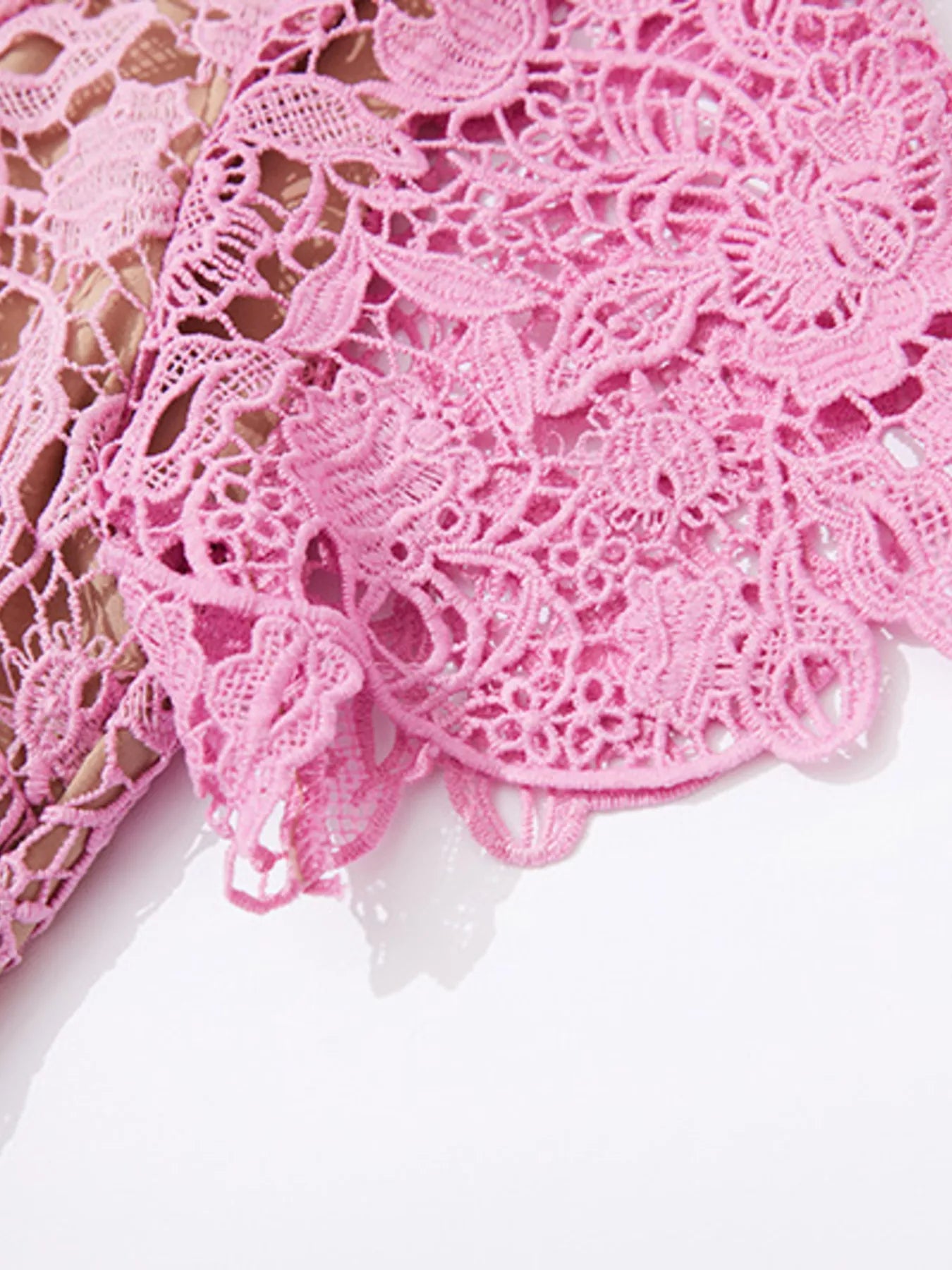 Lace Button-Up Midi Dress | Savvi close-up of delicate pink floral lace detailing.