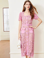 Lace Button-Up Midi Dress | Savvi in pink lace with button details and pockets, showcasing effortless sophistication.