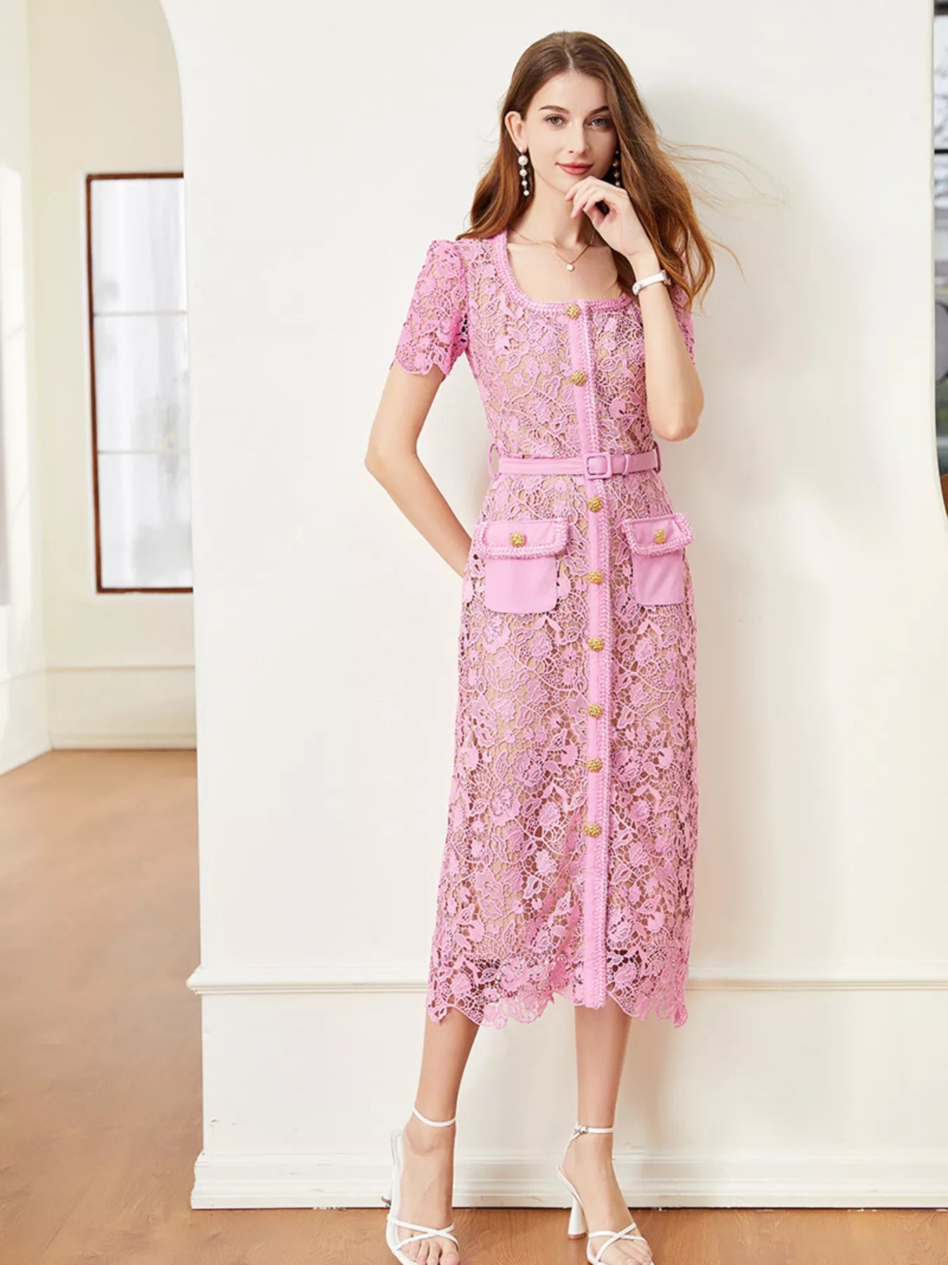 Lace Button-Up Midi Dress | Savvi in pink lace with button detailing and pockets, perfect for sophisticated style.
