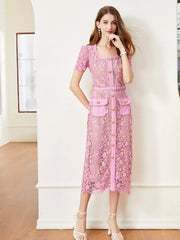 Lace Button-Up Midi Dress | Savvi in pink lace with button detailing and pockets, perfect for sophisticated style.
