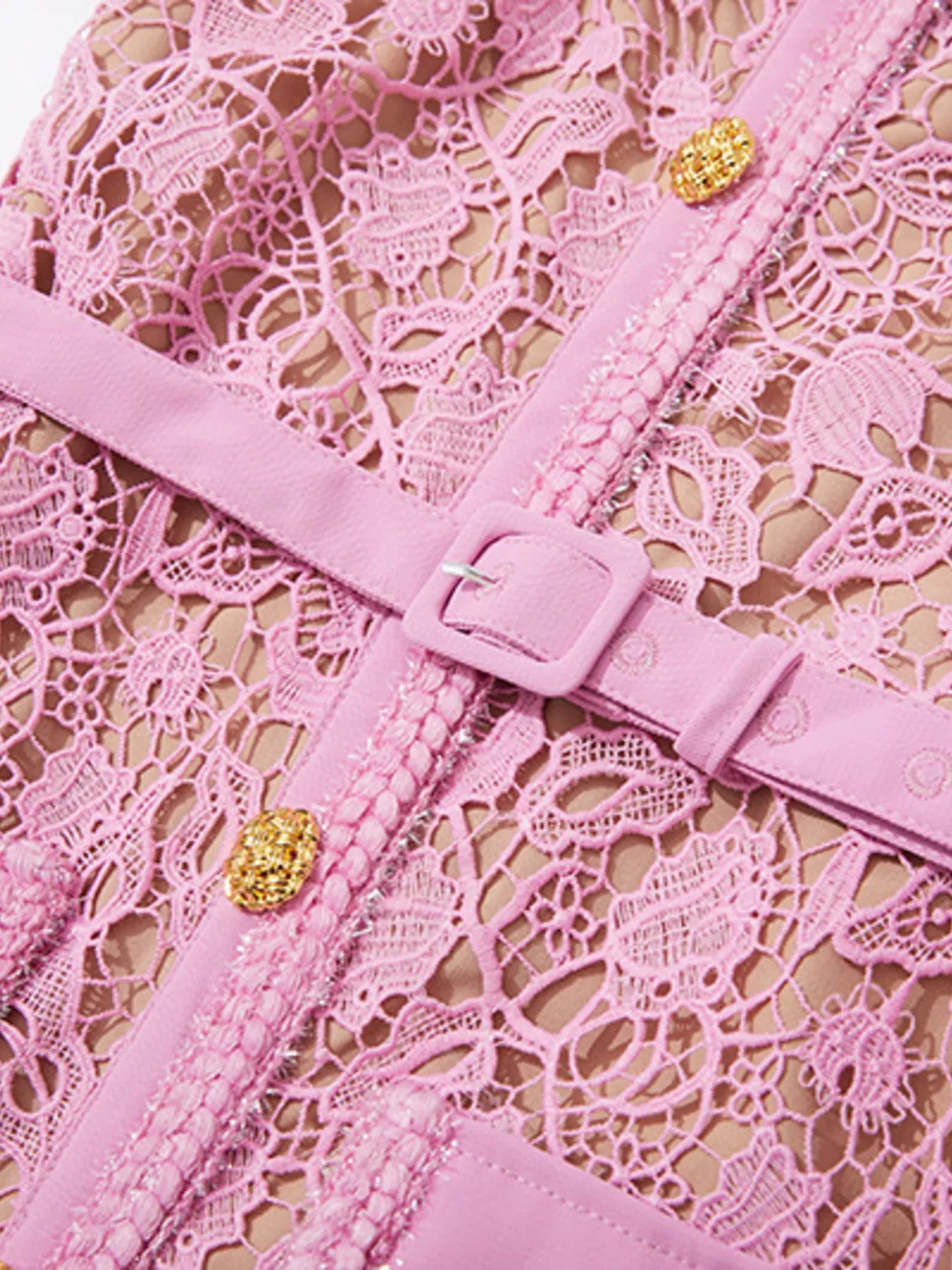 Lace Button-Up Midi Dress | Savvi featuring delicate pink floral lace and elegant gold-tone button detailing.