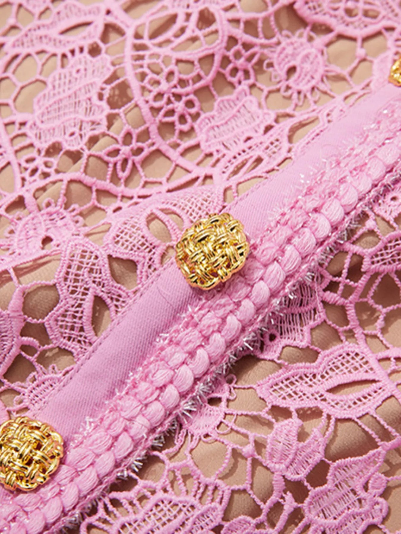 Close-up of Lace Button-Up Midi Dress | Savvi showing intricate pink lace and gold-tone button details.