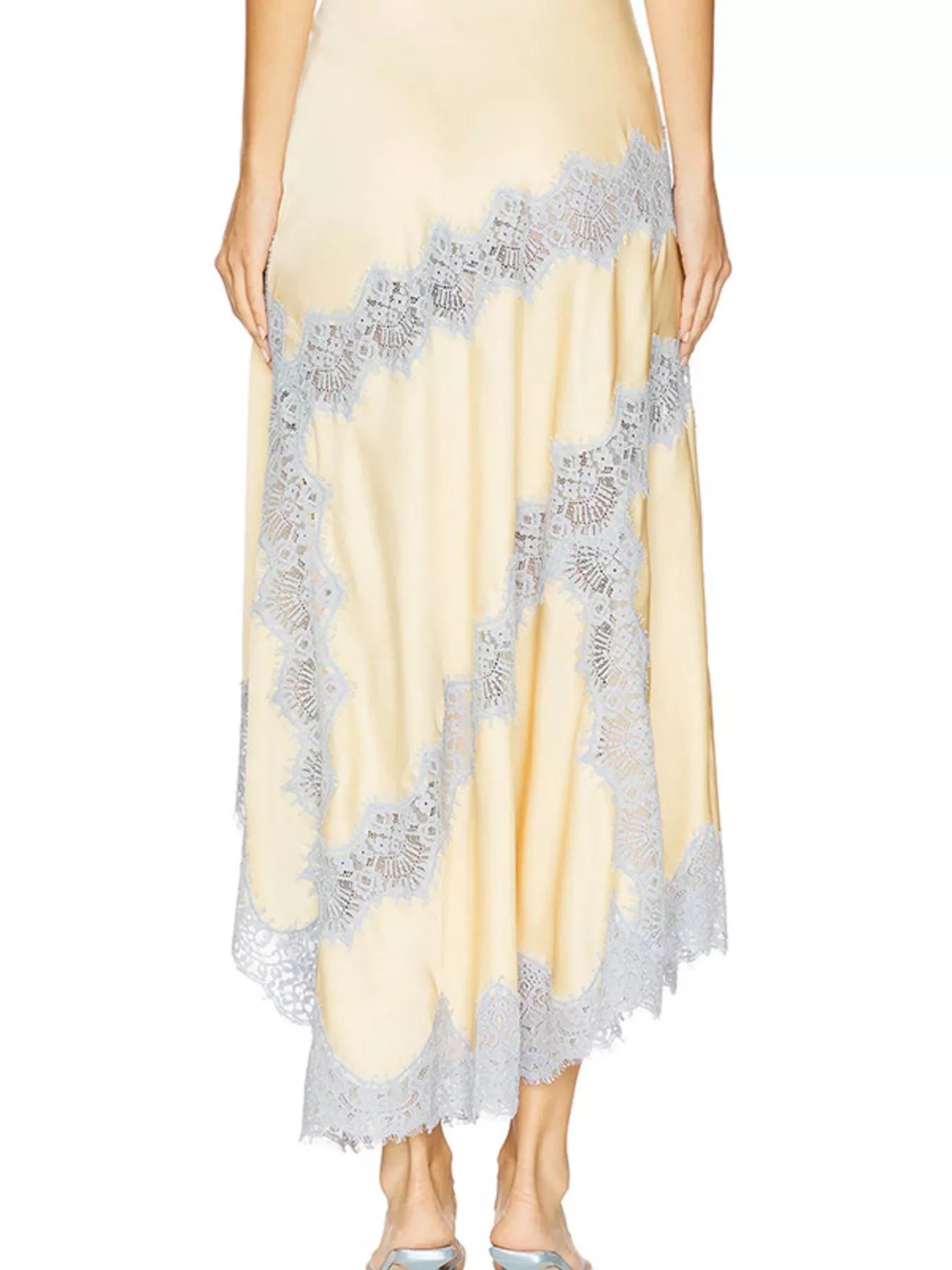 Lace Detail Cami and Skirt Set featuring a sheer skirt with intricate lace design in light gray and a soft yellow base.