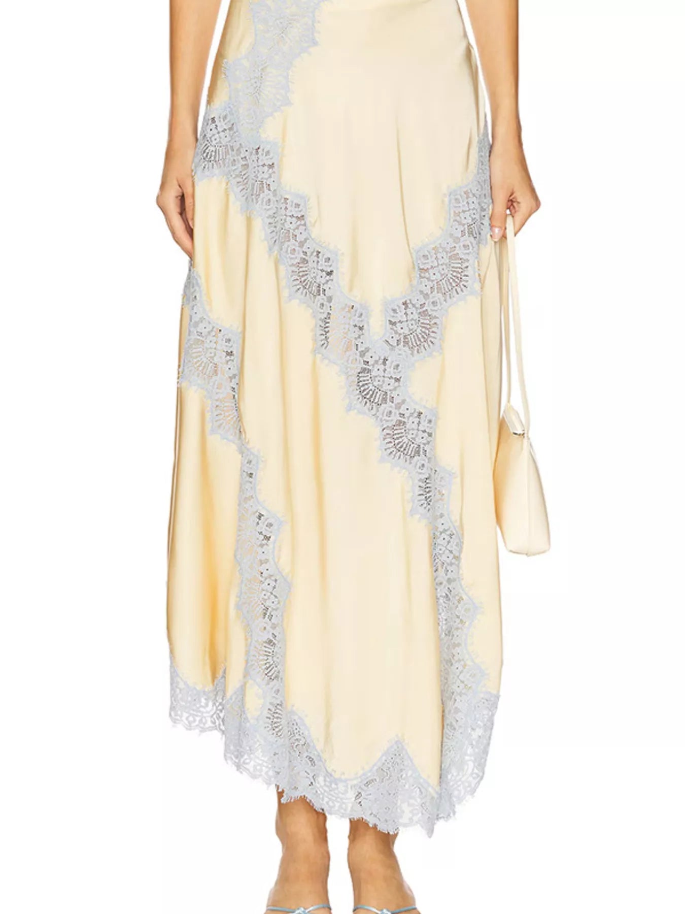 Lace Detail Cami and Skirt Set featuring a light yellow skirt with intricate lace detail in gray.
