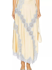 Lace Detail Cami and Skirt Set featuring a light yellow skirt with intricate lace detail in gray.