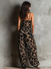 Back view of Leopard Front Tie Detail Wide-Leg Jumpsuit featuring a tied design and leopard print pattern.