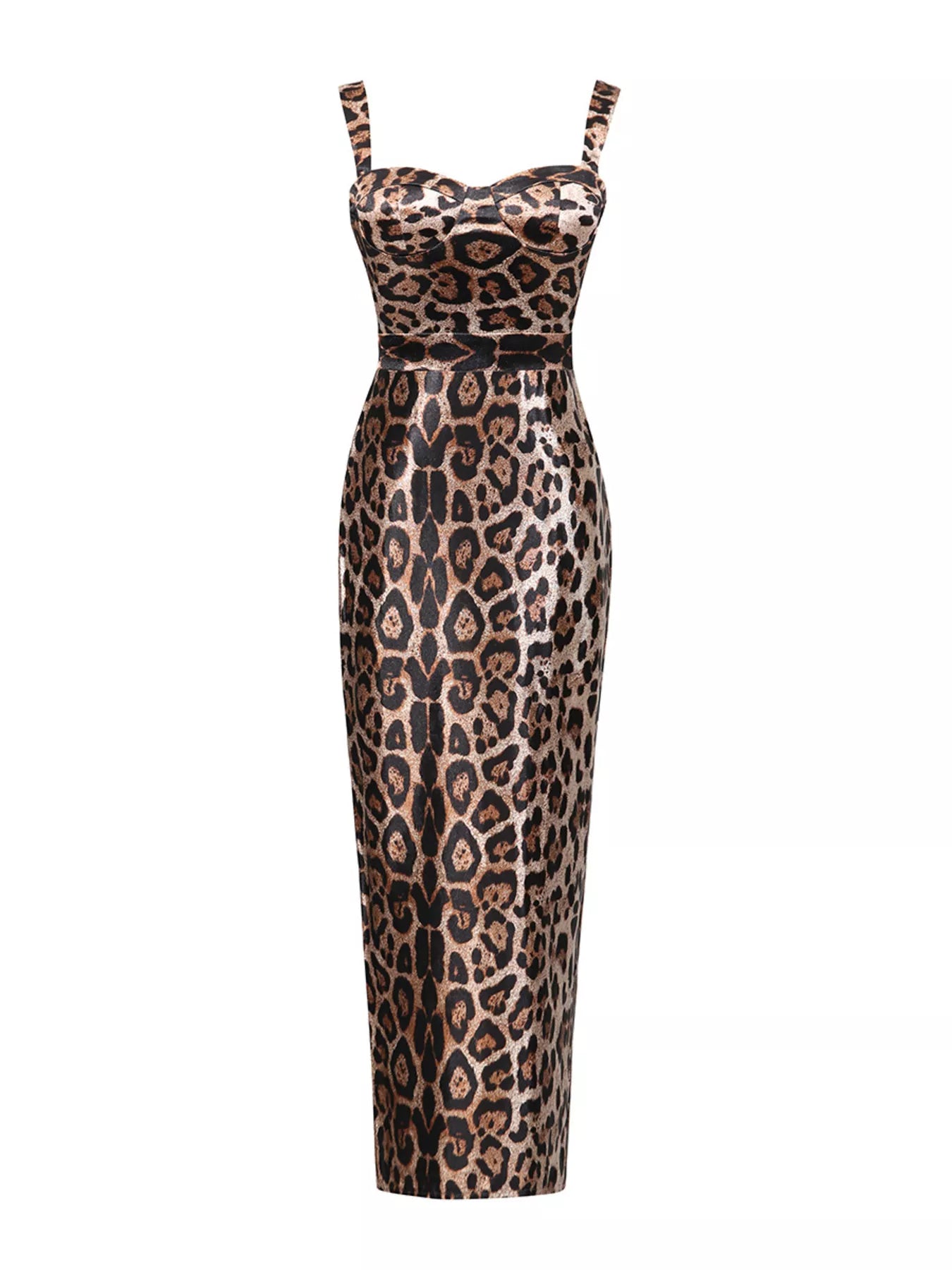 Leopard Print Bodycon Back Slit Midi Dress featuring a fitted design and back slit detail, perfect for stylish occasions.