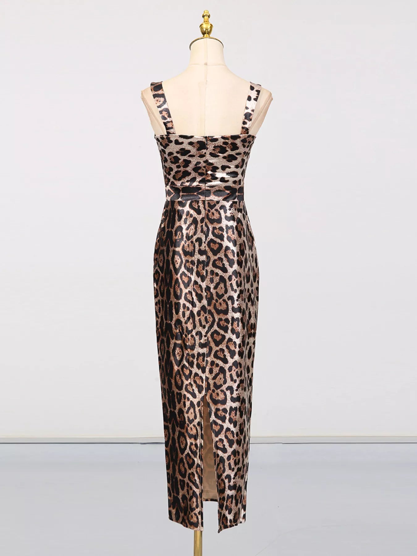 Leopard Print Bodycon Back Slit Midi Dress showcasing the back view with a slit and straps.