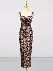 Leopard Print Bodycon Back Slit Midi Dress on mannequin showcasing its sleek design and animal print pattern.