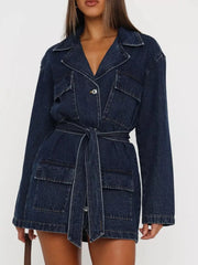 Longline Denim Jacket with Belt displayed on a model, featuring pockets and a belted waist in a dark wash.