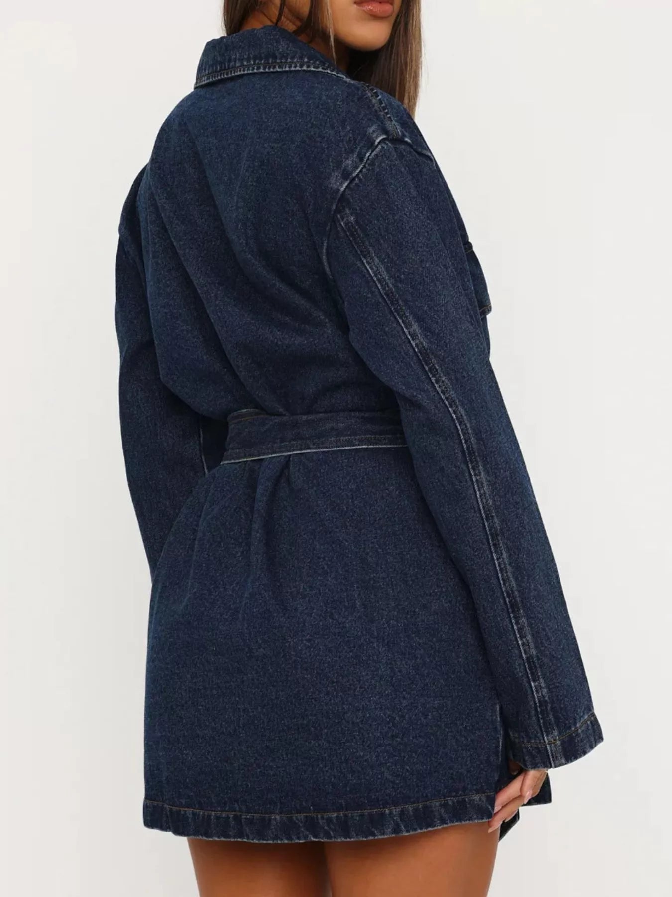 Back view of Longline Denim Jacket with Belt showcasing its stylish design and belted waist.