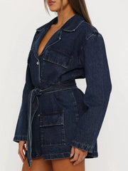 Longline Denim Jacket with Belt displayed on a model, featuring a belted waist and buttoned front pockets.