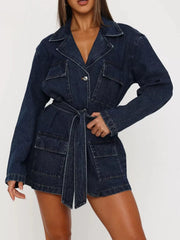 Longline Denim Jacket with Belt featuring a belted waist and pockets in a stylish dark wash, ideal for layering.