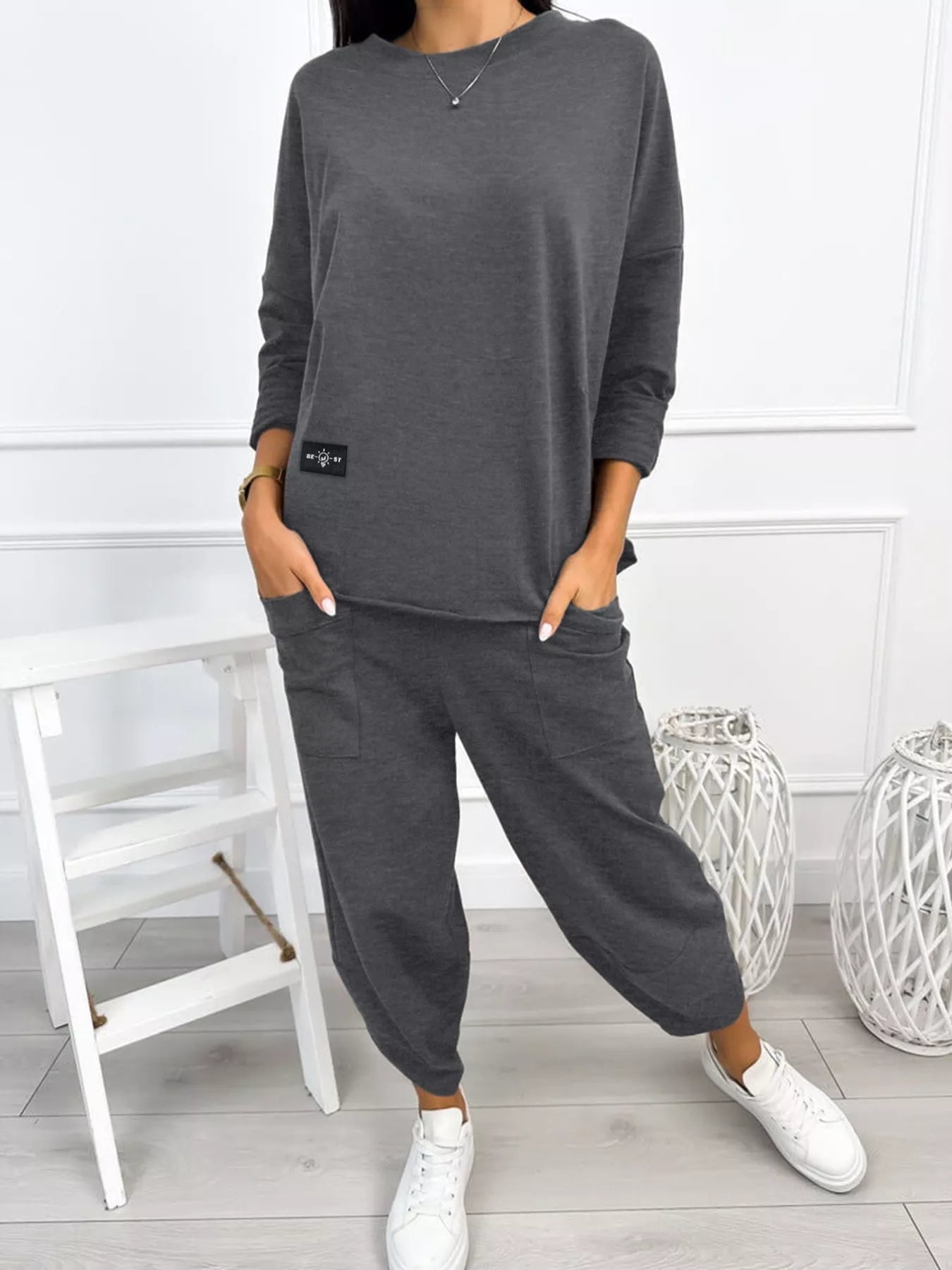 Casual Loose Fit Top and Pants Two-Piece Set in gray, featuring a long-sleeve top and matching relaxed pants.