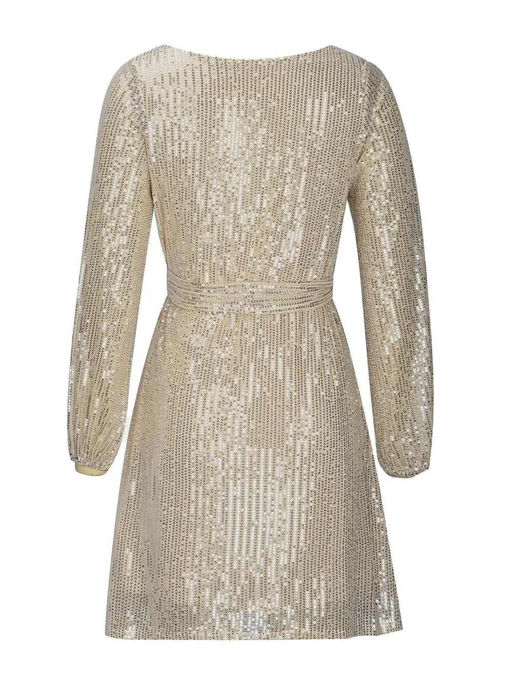 Back view of shimmering Midnight Muse Dress with adjustable tie-waist, showcasing elegant chic style.