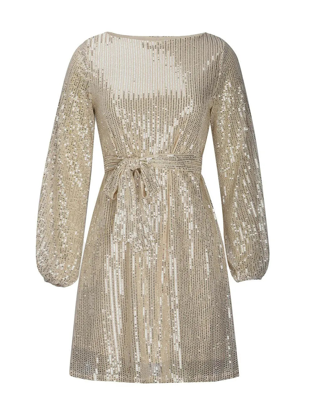 Midnight Muse Dress in shimmering fabric with adjustable tie-waist for a confident and elegant look.