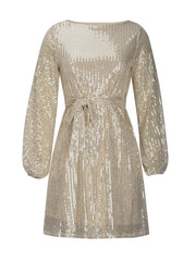 Midnight Muse Dress in shimmering fabric with adjustable tie-waist for a confident and elegant look.