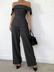 Off-Shoulder Top and Wide-Leg Pants Set in dark gray, stylish two-piece outfit with relaxed wide-leg silhouette.