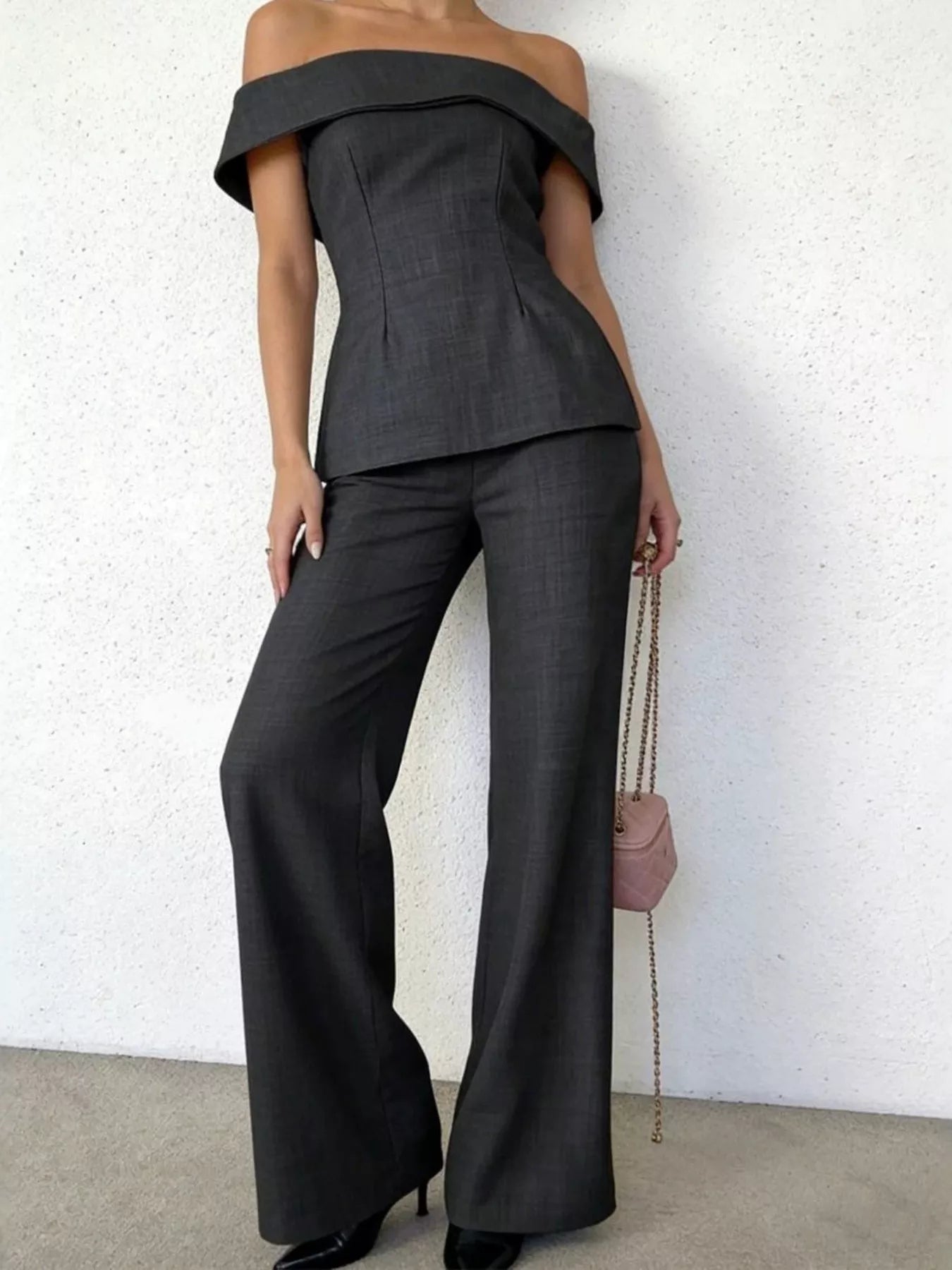 Off-Shoulder Top and Wide-Leg Pants Set showcasing a sleek off-shoulder top and flowing wide-leg pants.