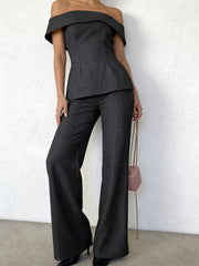 Off-Shoulder Top and Wide-Leg Pants Set showcasing a sleek off-shoulder top and flowing wide-leg pants.