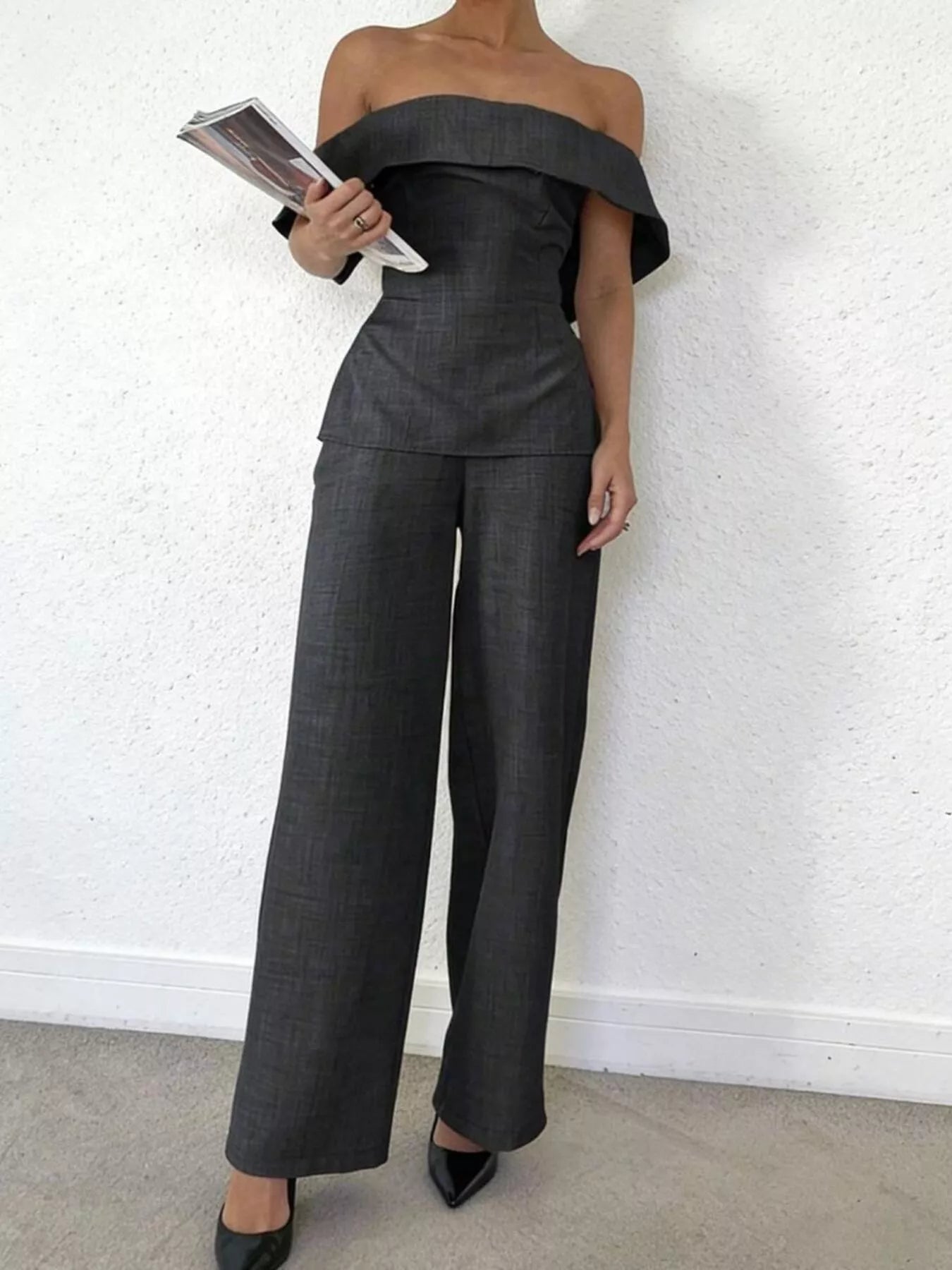 Off-Shoulder Top and Wide-Leg Pants Set worn by a model, showcasing a polished and chic look.