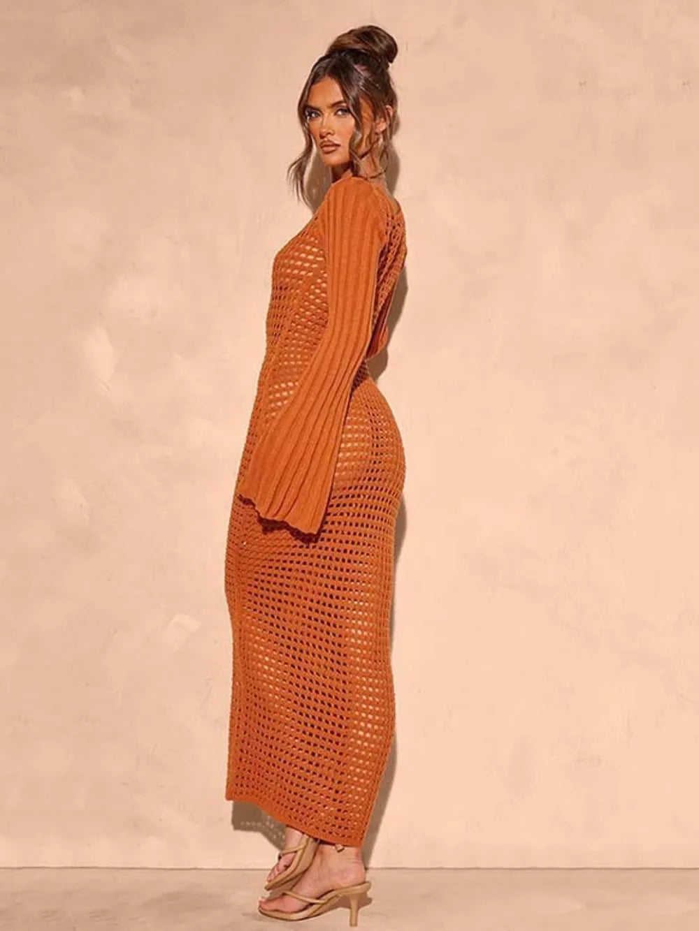 Model showcasing the Openwork Square Neck Flare Sleeve Cover-Up Dress in orange, highlighting its sheer design and flare sleeves.
