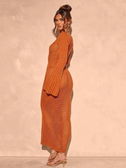 Model showcasing the Openwork Square Neck Flare Sleeve Cover-Up Dress in orange, highlighting its sheer design and flare sleeves.
